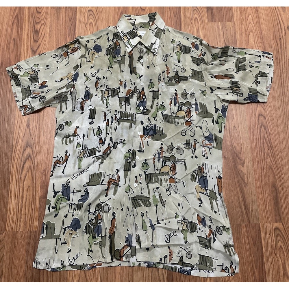 Maus & Hoffman Shirt Mens Medium Cupro Park Scene Art Print Camp Beige
